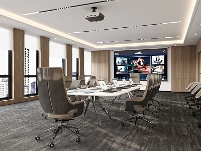 Modern Conference Room With Long Table Grey Office Chairs Large Screen Projector And City View 3d model