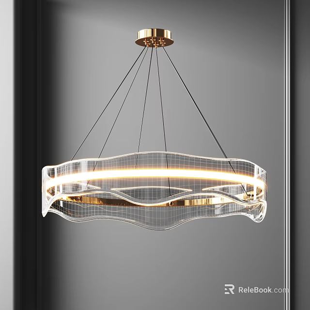 Modern Gold Metal Chandelier With Transparent Glass Wave Shaped Frame And LED Light Fixture 3d model 