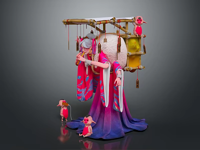 Traditional Female Sculpture in Pink Purple Robe with Hanging Lanterns and Small Pink Figures 3d model
