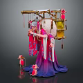 Traditional Female Sculpture in Pink Purple Robe with Hanging Lanterns and Small Pink Figures