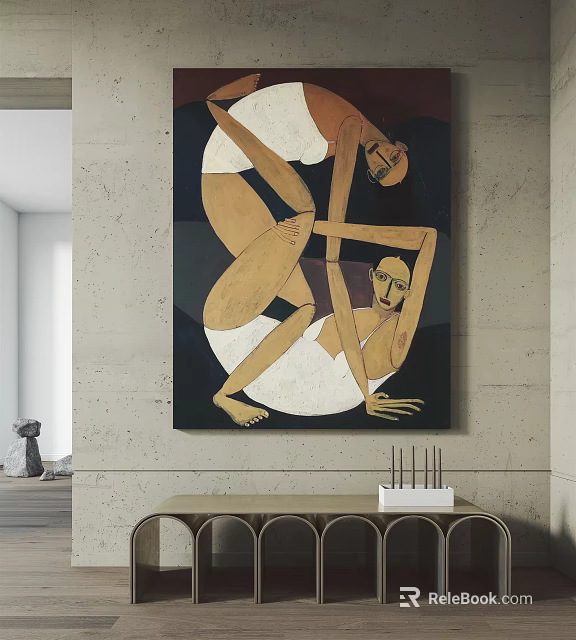 Abstract Wall Art With Human Figures On Concrete Wall And Decorative Table 3d model