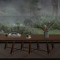 Natural Wooden Sofa Coffee Table Set With Books Clock Cup Vase And Green Plant Scenery