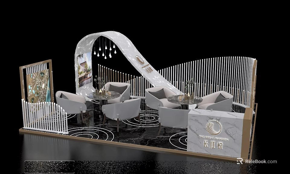 Modern Exhibition Booth With Curved White Structure Pendant Lights Marble Elements And White Tables Chairs 3d model 