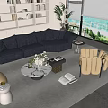 Modern Dark Blue L Shaped Sofa And Round Coffee Table Set With Beige Armchairs