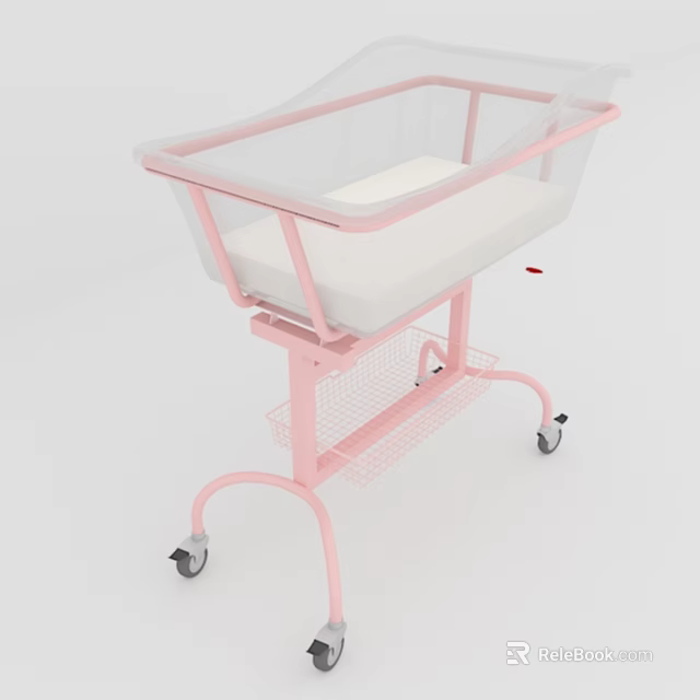 Pink Baby Bassinet With Transparent Mesh Sides White Mattress And Bottom Storage Basket On Wheels 3d model 