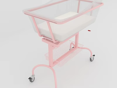 Pink Baby Bassinet With Transparent Mesh Sides White Mattress And Bottom Storage Basket On Wheels 3d model
