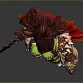 Green Skinned Female Warrior With Red Hair Flaming Weapon And Skull Decoration