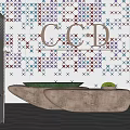 Sleek Modern Reception Desk On Colorful Geometric Wall With CCD Logo Green Cushion And Plant