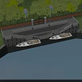Scenic Waterfront Landscape With Two Boats Steps Street Lamps And Green Grass Area