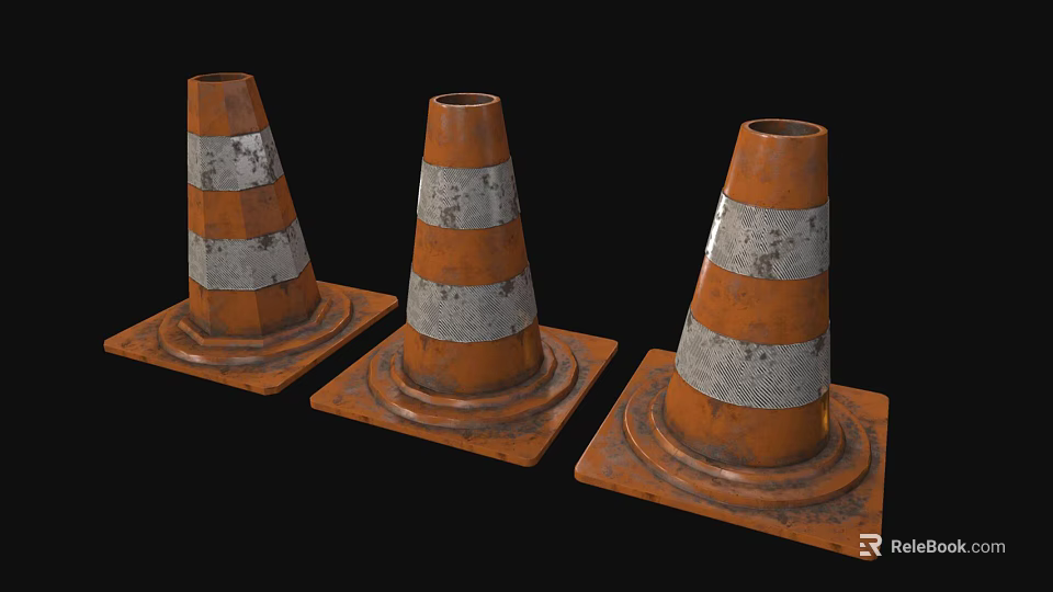 Three Worn Traffic Cones With Orange And White Stripes On Black Background 3d model 