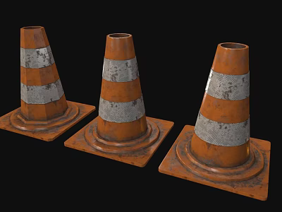 Three Worn Traffic Cones With Orange And White Stripes On Black Background 3d model