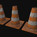 Three Worn Traffic Cones With Orange And White Stripes On Black Background