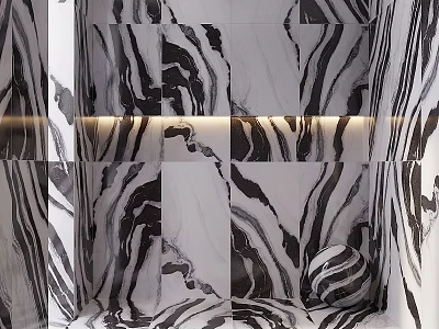 Stunning Black And White Marble Wall Design With Striped Patterns And Ambient Lighting 3d model