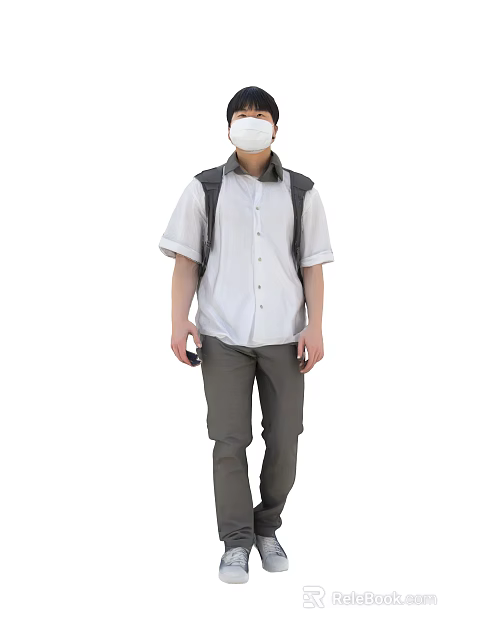 Man Wearing White Shirt Gray Pants With Backpack Mask And Holding Phone 3d model 