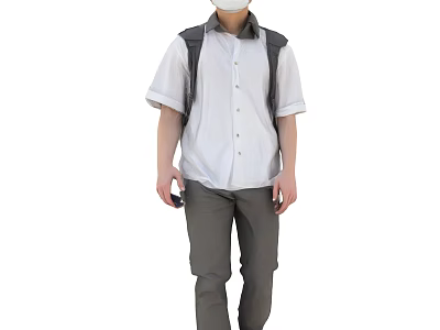 Man Wearing White Shirt Gray Pants With Backpack Mask And Holding Phone 3d model