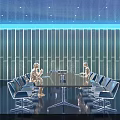 Modern Conference Room Interior Design With Round Conference Table Blue Chairs And Paneled Walls