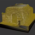 Ancient Stone Building Model With Arch Doorway Iron Grille Gate And Moss Covered Walls