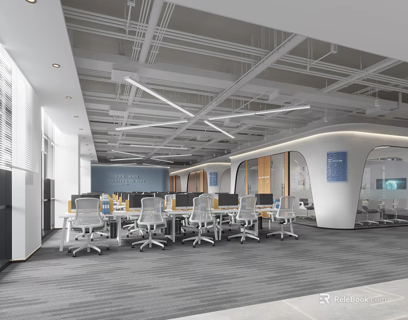 Modern Bright Open Public Office Area With Neat Workstations And Stylish Exposed Ceiling Design 3d model 