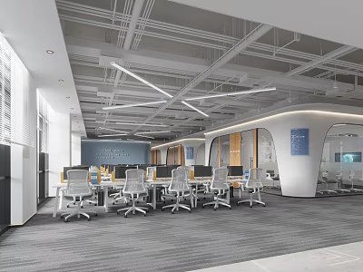 Modern Bright Open Public Office Area With Neat Workstations And Stylish Exposed Ceiling Design 3d model