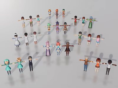 Colorful Cartoon Characters With Different Costumes Standing In Circle Group 3d model