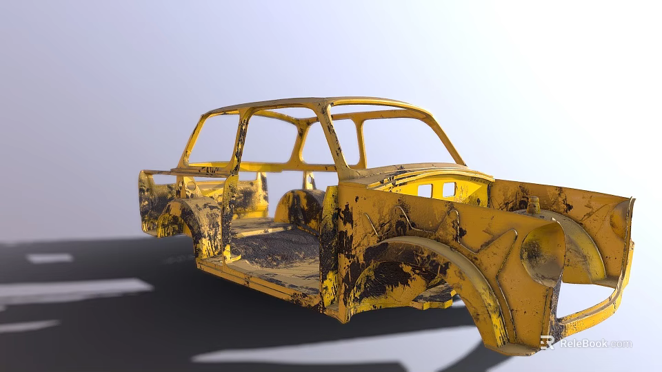 Yellow Old Car Frame With Rusted Worn Body Structure And Missing Parts 3d model 