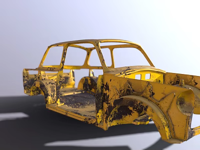 Yellow Old Car Frame With Rusted Worn Body Structure And Missing Parts 3d model