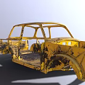 Yellow Old Car Frame With Rusted Worn Body Structure And Missing Parts