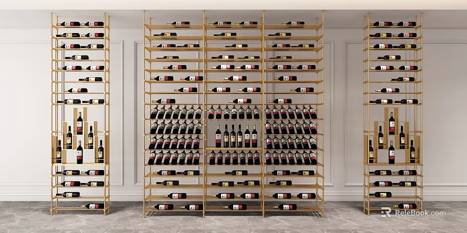 Modern Gold Frame Wine Cabinet With Multiple Shelves And Wine Bottles 3d model 