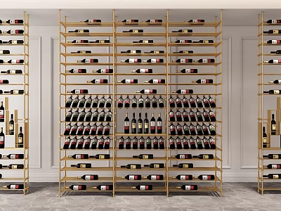 Modern Gold Frame Wine Cabinet With Multiple Shelves And Wine Bottles 3d model