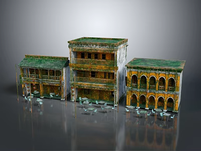 Old Weathered Buildings With Green Roofs Yellow Walls Arched Windows And Balconies 3d model