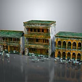 Old Weathered Buildings With Green Roofs Yellow Walls Arched Windows And Balconies