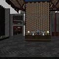Traditional Chinese Medicine Shop Interior With Wooden Herbal Cabinets Drawers And Hanging Lamps