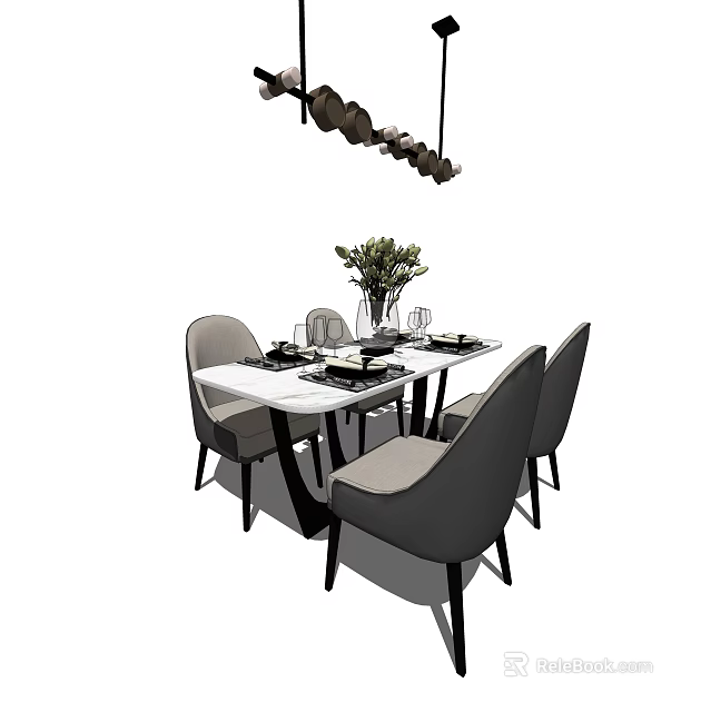 Modern Dining Table Set With Gray Chairs Green Plant And Tableware 3d model