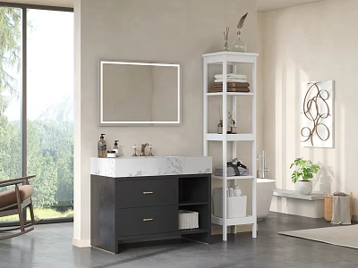 Modern Bathroom Interior With Marble Countertop Black Cabinet Mirror And White Storage Shelf 3d model