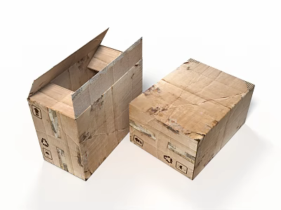 Cardboard Boxes Open And Closed Worn Cardboard With Recycling Symbols On White Background 3d model