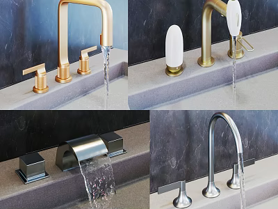 Contemporary Stylish Faucet Designs in Brushed Gold and Chrome with Smooth Water Flow on Countertop Surfaces 3d model