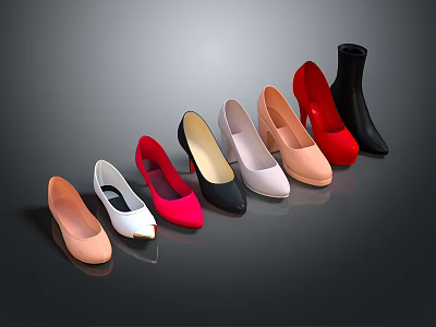 Various Colored Women's Shoes With Heel And Flat Styles Arranged On 3d model