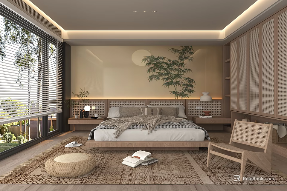 Natural Bedroom Interior With Wooden Bed Large Window Indoor Plant Rug And Chair 3d model 