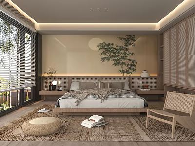 Natural Bedroom Interior With Wooden Bed Large Window Indoor Plant Rug And Chair 3d model