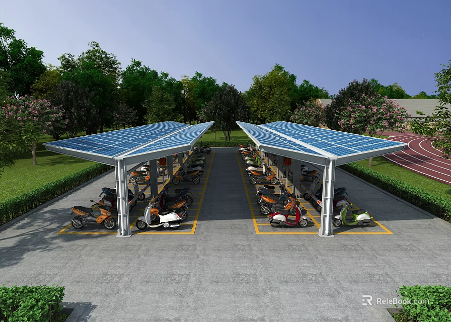 Solar Canopy for Parking Vehicles with Solar Panels Surrounded by Greenery on Gray Pavement 3d model 