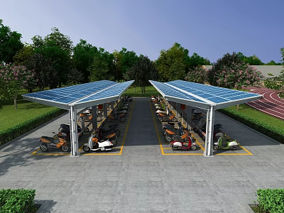 Solar Canopy for Parking Vehicles with Solar Panels Surrounded by Greenery on Gray Pavement 3d model