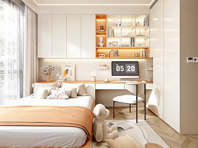 Modern Tatami Bedroom Interior With White Cabinets Bookshelf Desk Chair And Blinds 3d model