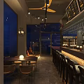 Modern Bar Interior With Hanging Wine Glasses Bar Counter Stools Decorative Signs And Warm Lighting