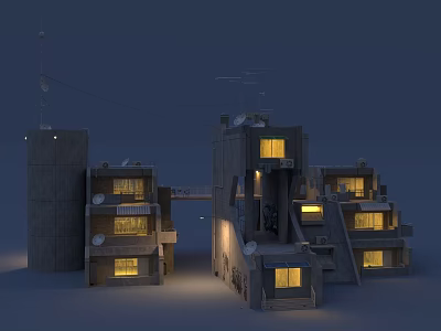 Modern Urban Concrete Buildings Featuring Multi Storey Structures And Illuminated Windows At Night 3d model