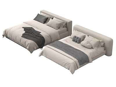 Modern Double Beds With Beige Gray Bedding Pillows And Blankets 3d model