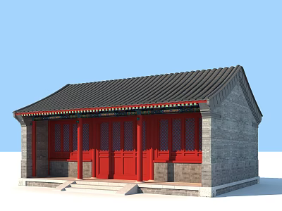 Traditional Chinese Ancient Architecture Featuring Red Doors Windows Black Tiled Roof And Grey Brick Walls 3d model