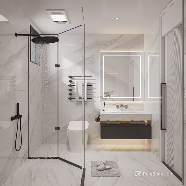 Modern Bathroom Design With Glass Shower Smart Toilet And Backlit Mirror 3d model 