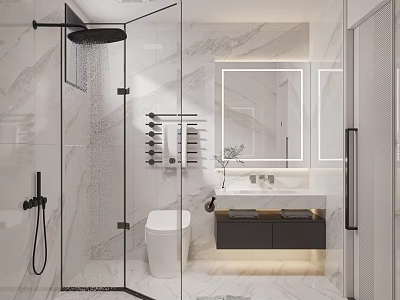 Modern Bathroom Design With Glass Shower Smart Toilet And Backlit Mirror 3d model