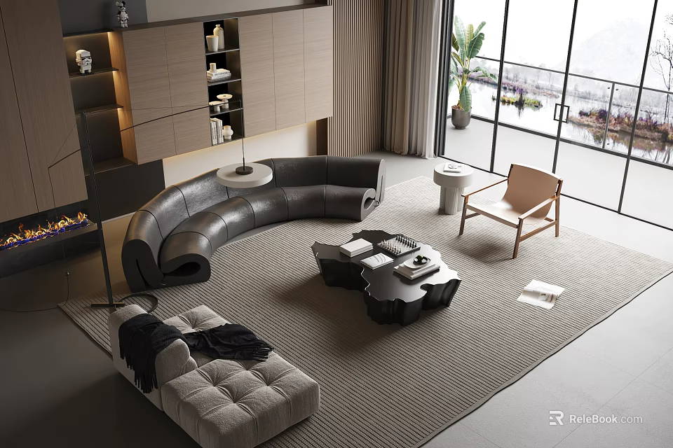 Modern Open Living Space With Curved Black Sofa Gray Tufted Sofa And Black Coffee Table 3d model 