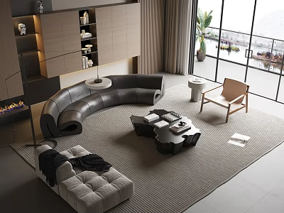 Modern Open Living Space With Curved Black Sofa Gray Tufted Sofa And Black Coffee Table 3d model